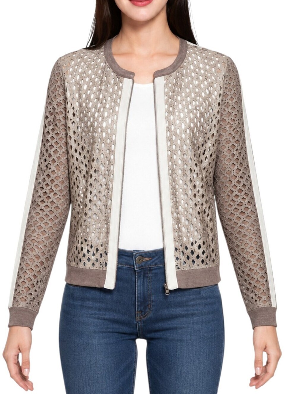 Tuzzi Perforated Zip Jacket Women 12 Taupe Lightweight Bomber